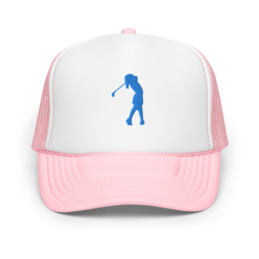 Pink trucker hat w Blue Girl logo